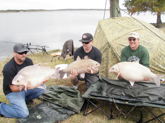 (from left) Kevin Olivier (38.8 lb), Scott Ferguson(14.12 lb) and Keith Thompson (30.8 lb) celebrate a triple buffalo run during Session 7 of the Wild Carp Club of Austin (from left) Kevin Olivier (38.8 lb), Scott Ferguson(14.12 lb) and Keith Thompson (30.8 lb) celebrate a triple buffalo run during Session 7 of the Wild Carp Club of Austin